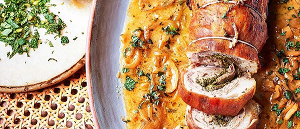 Herb-stuffed rolled lamb breast