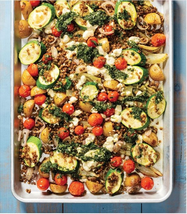 Herb vegetable and lentil bake with feta