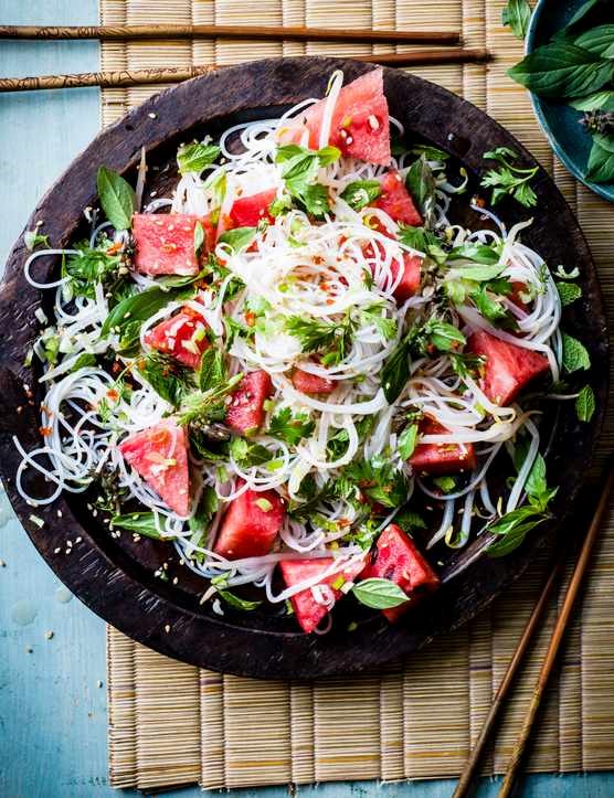 Herb, watermelon and rice noodle salad