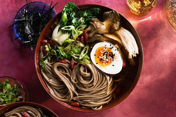 Herbal chicken bone broth with soba noodles