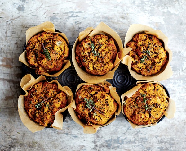 Herbed black quinoa muffins with sweet potato and caramelized onions