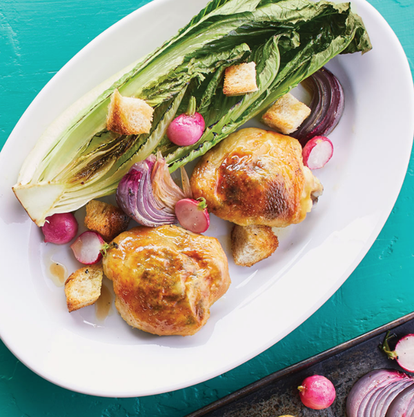 Herbed chicken thighs with charred romaine salad