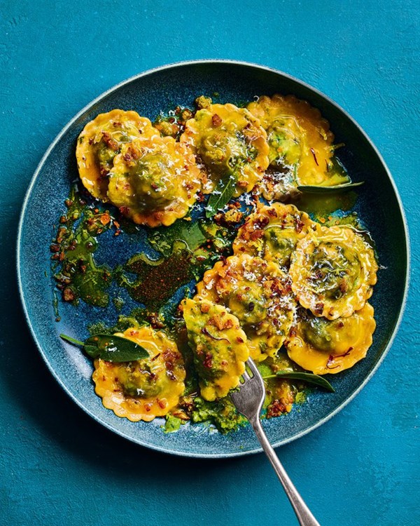 Herbed crab and ricotta summer ravioli with sage & saffron butter sauce