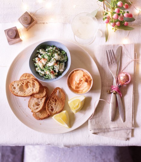 Herbed crab, saffron and chilli mayonnaise with toasted baguette