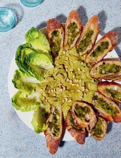 Herbed crostini with leek & tahini dip