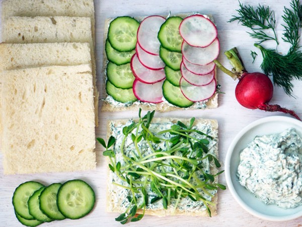 Herbed cucumber radish tea sandwiches