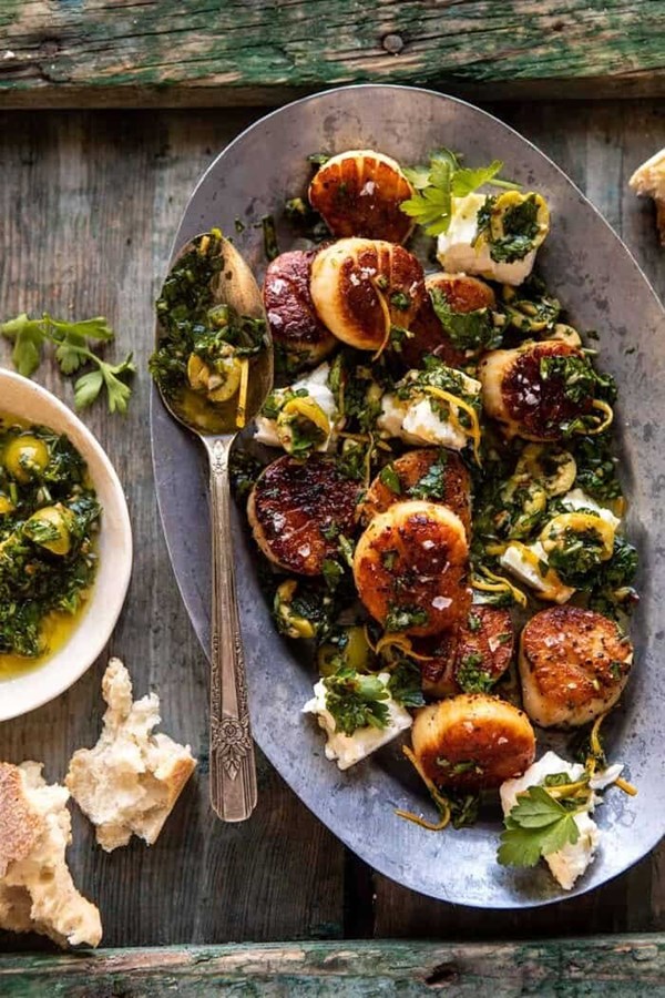 Herbed garlic butter scallops with lemony feta dressing