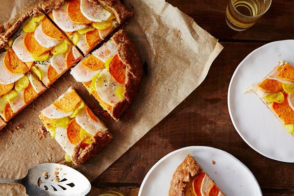 Herbed goat cheese and root vegetable galette