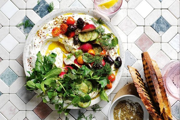 Herbed labneh, cucumbers, olives and radish