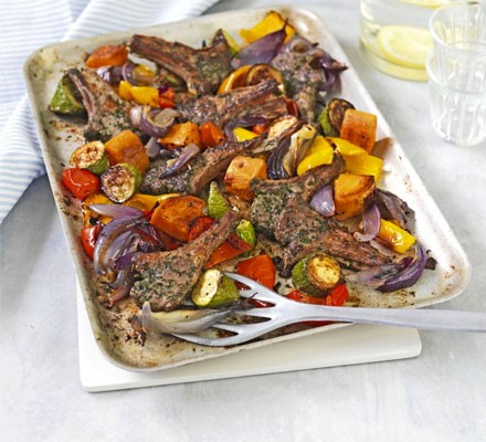 Herbed lamb cutlets with roasted veg