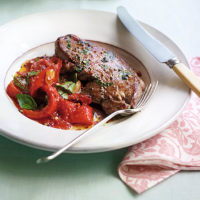 Herbed lamb steaks with peppers and passata