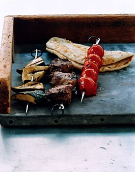 Herbed lamb, tomato, and zucchini kebabs