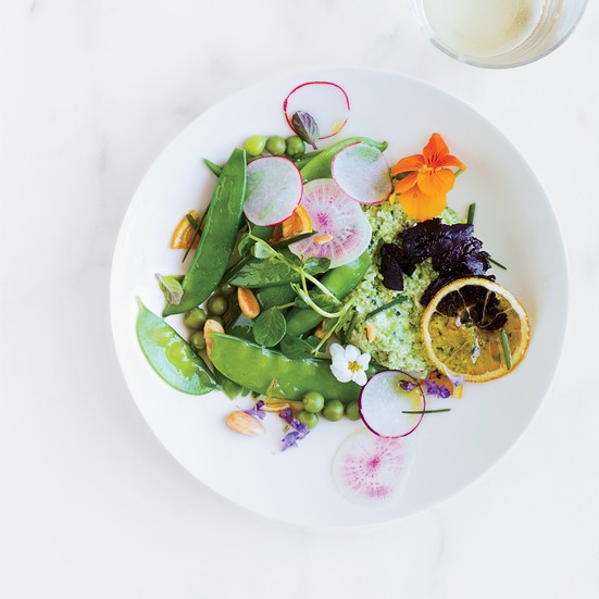 Herbed pea puree and ricotta salad with black garlic and lemon confiture