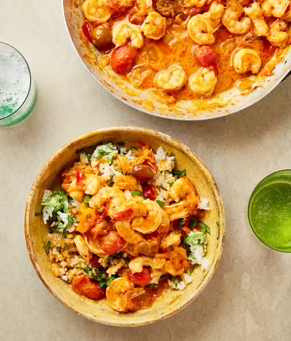 Herbed rice with shrimpy-kimchi tomato sauce