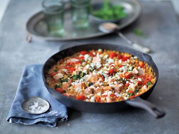 Herbed salmon and orzo casserole with feta