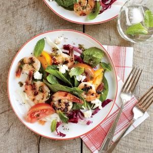 Herbed shrimp with tomato-spinach salad