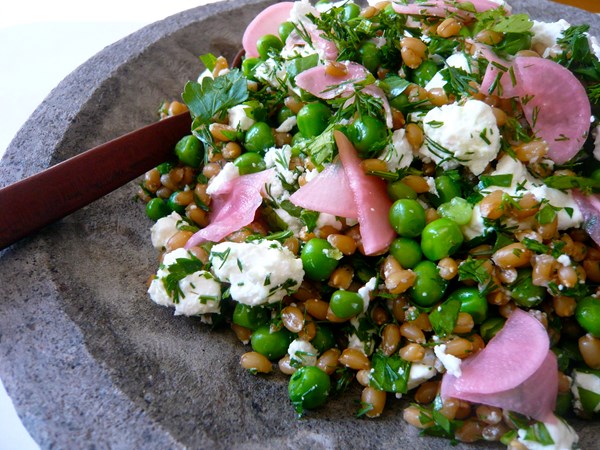 Herbed spelt berry salad with peas and feta