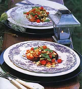 Herbed summer succotash on garlic croûtes