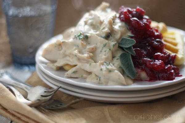 Herbed turkey over cornbread waffles w/ cranberry sauce