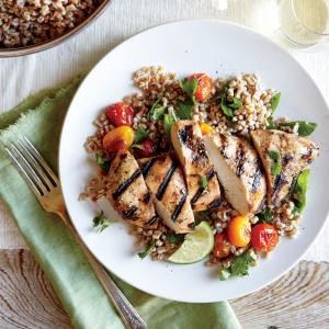Herbed wheat berry and roasted tomato salad with grilled chipotle chicken breasts