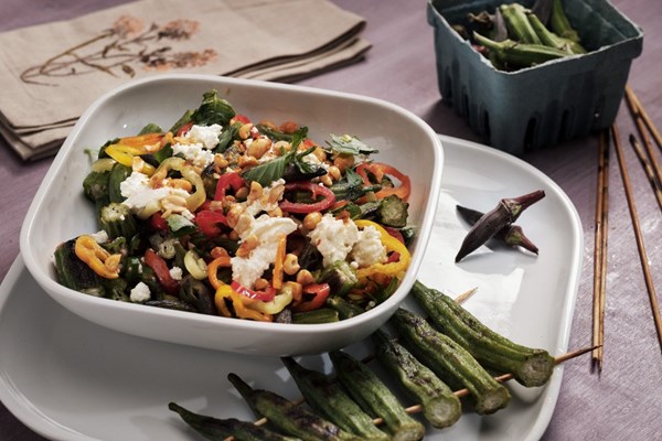 Herbsaint grilled okra with fresh cheese and peanuts