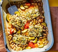 Herby baked fish with green olives