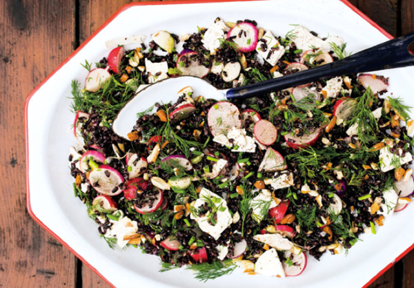 Herby black rice salad with radishes and ricotta salata