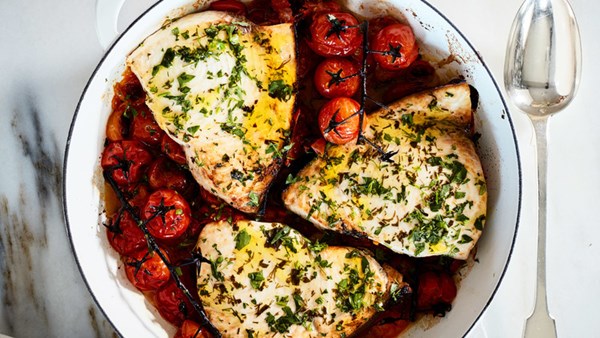 Herby broiled swordfish with roasted cherry tomatoes