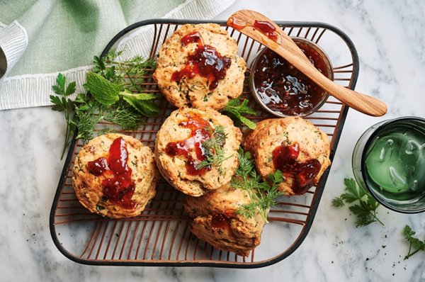 Herby caramelised onion, 'nduja and sour cream muffins
