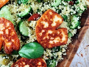 Herby couscous and cucumbers with pan-seared halloumi