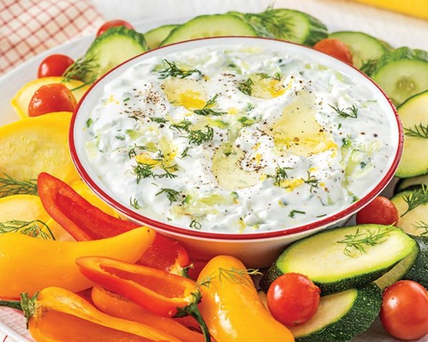 Herby cucumber dip with summer veggies