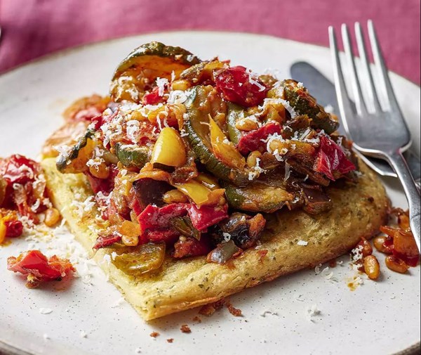 Herby farinata with roasted caponata