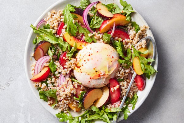 Herby farro salad with stone fruit and burrata