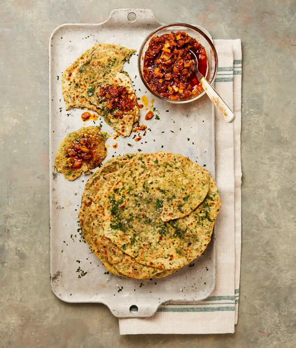 Herby ghee rotis with preserved lemon pickle
