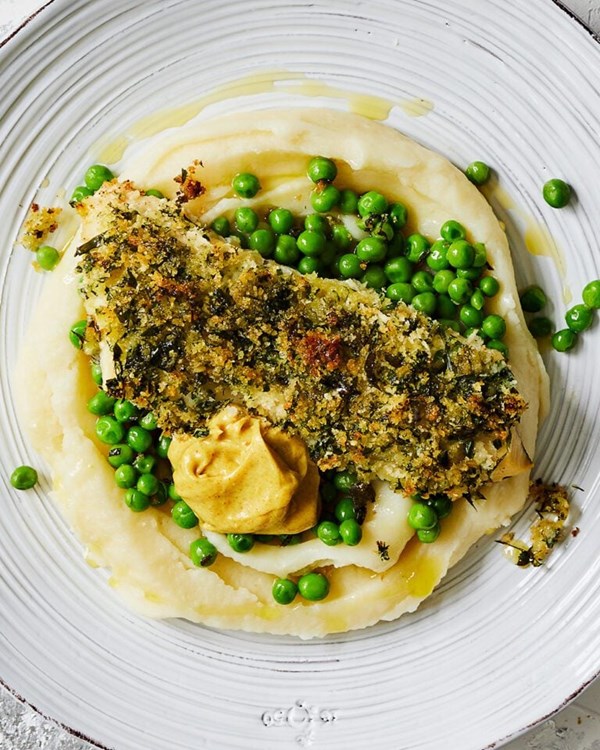 Herby haddock with salt ‘n’ vinegar mash and curry mayo 