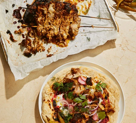 Herby harissa shawarma with shallot raita