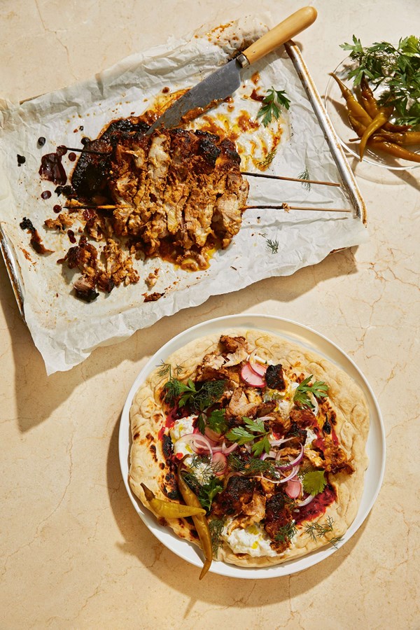 Herby-harissa shawarma with shallot raita