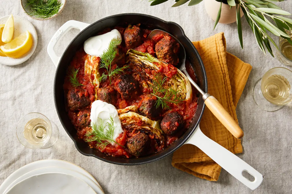 Herby Impossible™ meatballs with caramelized cabbage
