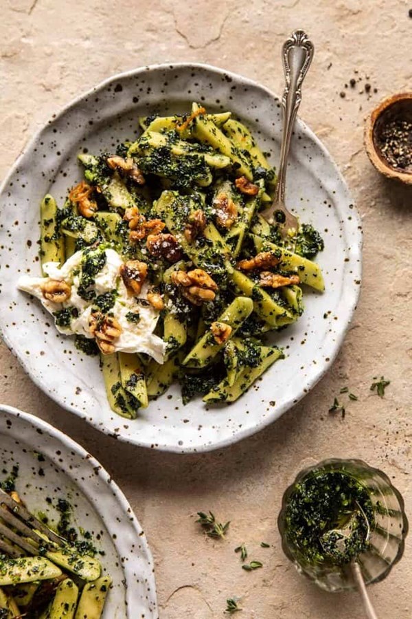 Herby kale pesto pasta with buttery walnuts