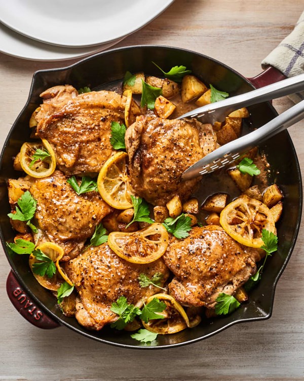 Herby lemony chicken thighs with potatoes