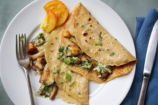 Herby mushroom and Swiss crepes