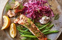 Herby mustard salmon with winter slaw