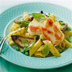 Herby pasta with golden halloumi