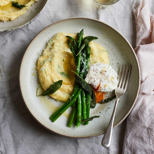 Herby polenta with asparagus and poached egg
