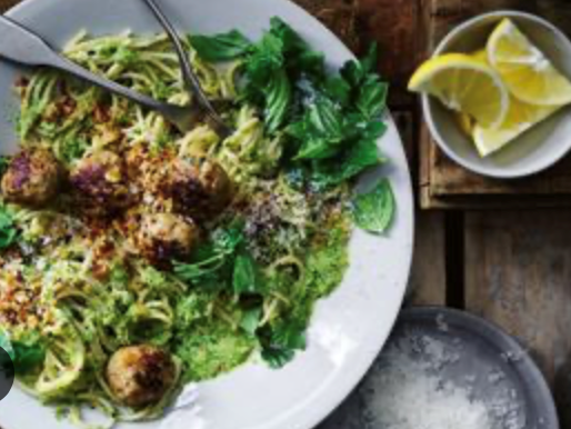 Herby pork meatballs with pesto spaghetti