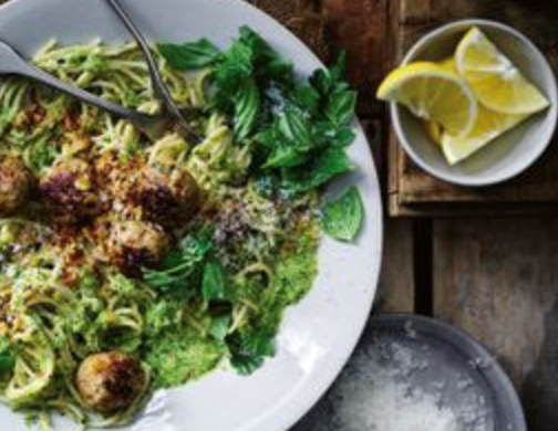 Herby pork meatballs with pesto spaghetti