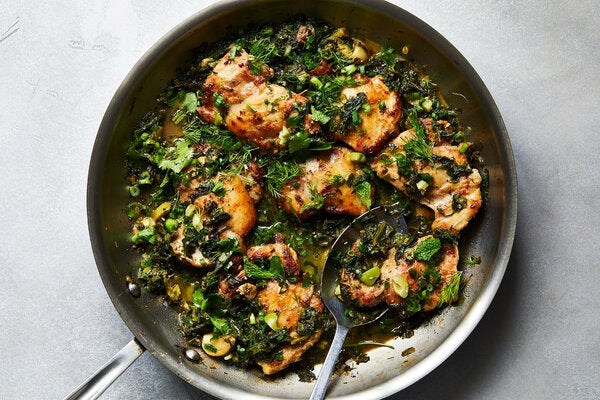 Herby skillet chicken with greens