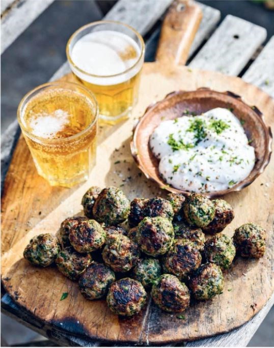 Herby veal meatballs, lemon yogurt