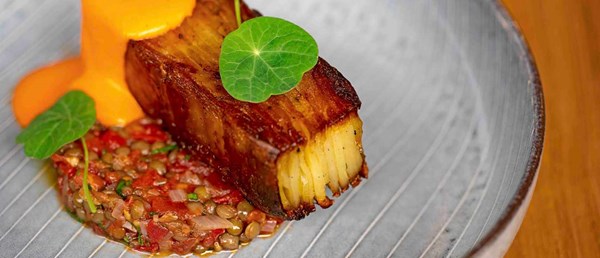 Heritage potato terrina, caviar lentils and roast piquillo peppers