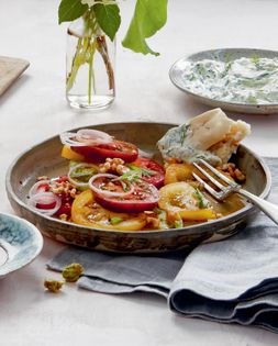 Heritage tomato, pomegranate molasses and oregano salad